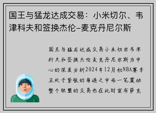 国王与猛龙达成交易：小米切尔、韦津科夫和签换杰伦-麦克丹尼尔斯