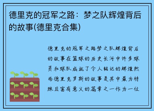 德里克的冠军之路：梦之队辉煌背后的故事(德里克合集)