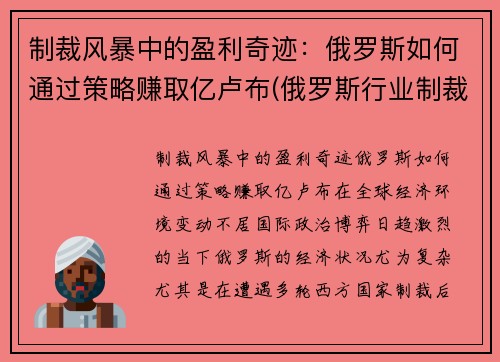 制裁风暴中的盈利奇迹：俄罗斯如何通过策略赚取亿卢布(俄罗斯行业制裁名单)