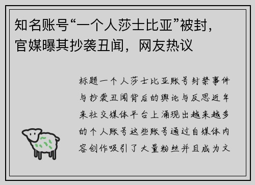 知名账号“一个人莎士比亚”被封，官媒曝其抄袭丑闻，网友热议