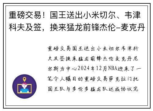 重磅交易！国王送出小米切尔、韦津科夫及签，换来猛龙前锋杰伦-麦克丹尼尔斯