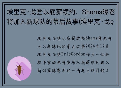埃里克·戈登以底薪续约，Shams曝老将加入新球队的幕后故事(埃里克·戈登加盟篮网)