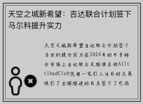天空之城新希望：吉达联合计划签下马尔科提升实力