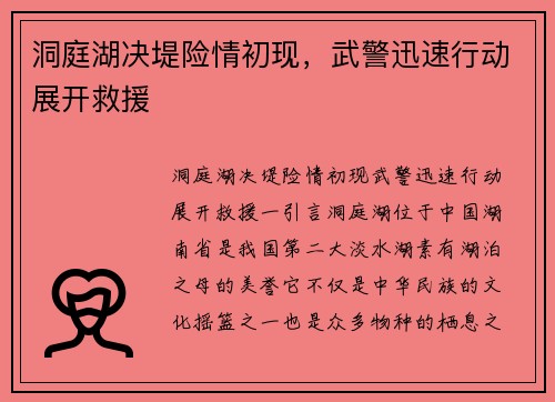 洞庭湖决堤险情初现，武警迅速行动展开救援